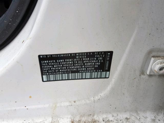 3VW2K7AJ8DM373113 - 2013 VOLKSWAGEN JETTA BASE 白色 照片 10