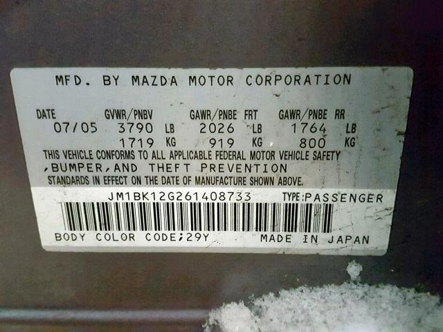 JM1BK12G261408733 - 2006 MAZDA 3 I GRAY photo 10