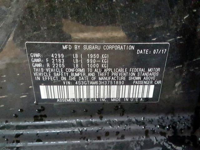 4S3GTAM63H3751890 - 2017 SUBARU IMPREZA SP BLACK photo 10