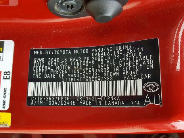 2T1BU4EE6BC647388 - 2011 TOYOTA COROLLA BA RED photo 10