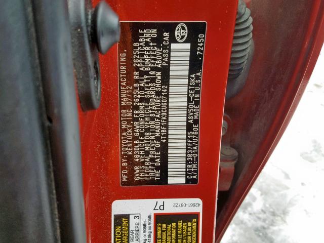 4T1BF1FK9CU607142 - 2012 TOYOTA CAMRY BASE Qırmızı foto 10
