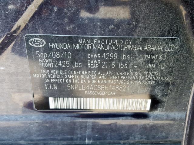 5NPEB4AC8BH148824 - 2011 HYUNDAI SONATA GLS BLACK photo 10