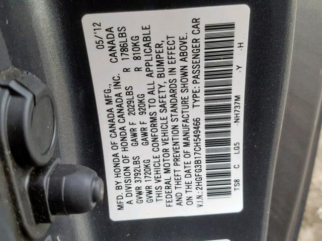 2HGFG3B17CH549466 - 2012 HONDA CIVIC EXL GRAY photo 10