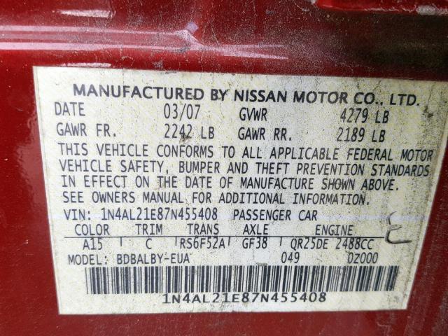 1N4AL21E87N455408 - 2007 NISSAN ALTIMA 2.5 勃艮第红 照片 10