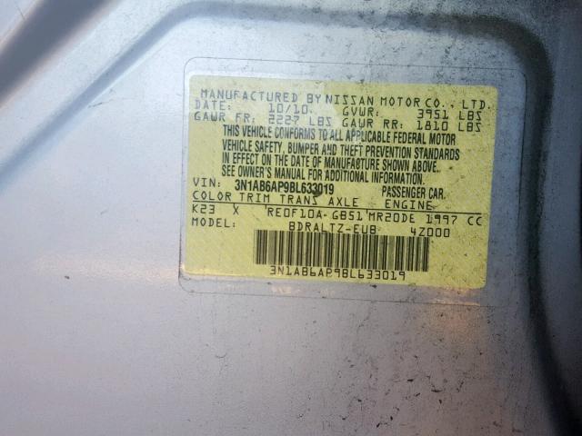 3N1AB6AP9BL633019 - 2011 NISSAN SENTRA 2.0 SILVER photo 10