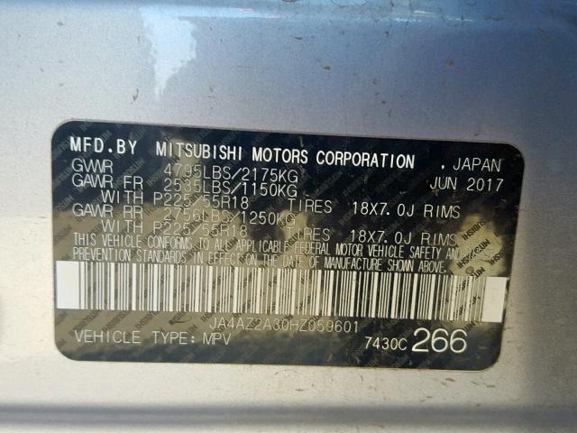 JA4AZ2A30HZ059601 - 2017 MITSUBISHI OUTLANDER SILVER photo 10