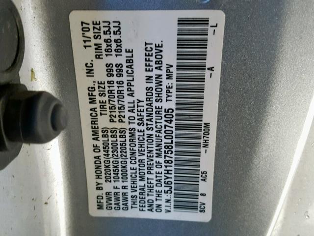 5J6YH18758L007405 - 2008 HONDA ELEMENT EX SILVER photo 10