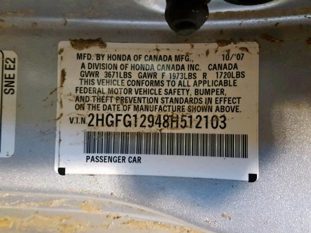 2HGFG12948H512103 - 2008 HONDA CIVIC EXL SILVER photo 10