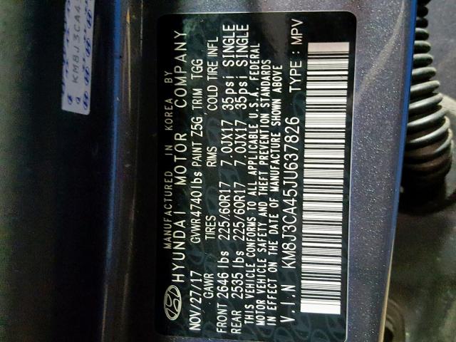 KM8J3CA45JU637826 - 2018 HYUNDAI TUCSON LIM GRAY photo 10