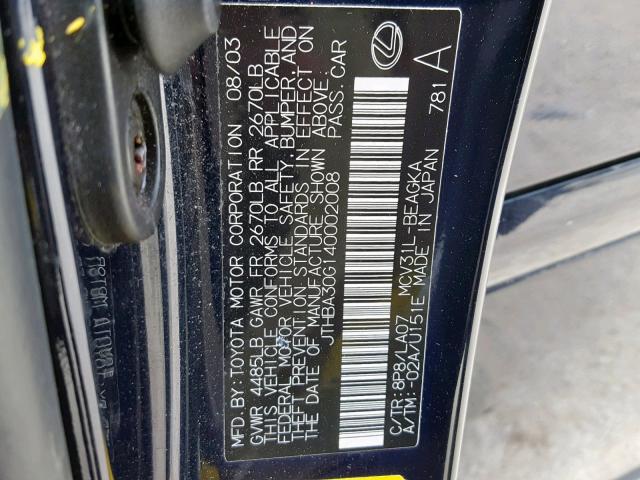 JTHBA30G140002008 - 2004 LEXUS ES 330 BLUE photo 10