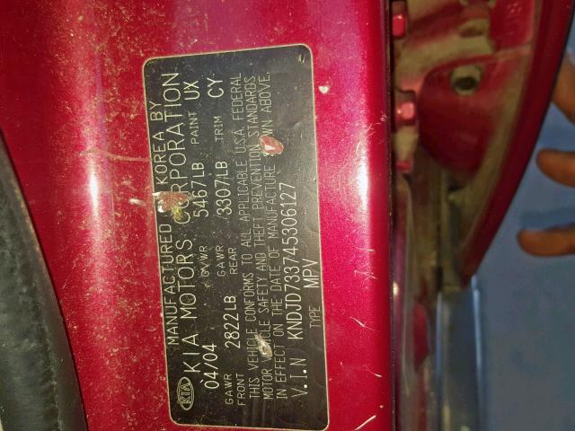 KNDJD733745306127 - 2004 KIA SORENTO EX RED photo 10