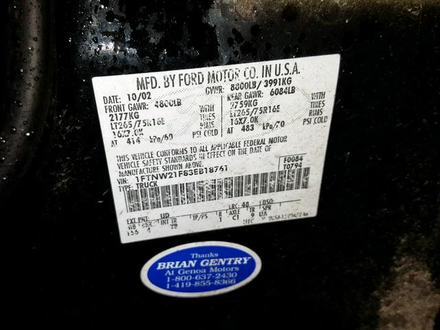 1FTNW21F83EB18761 - 2003 FORD F250 SUPER BLACK photo 10