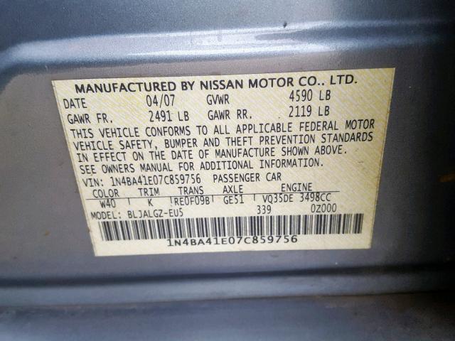 1N4BA41E07C859756 - 2007 NISSAN MAXIMA SE GRAY photo 10