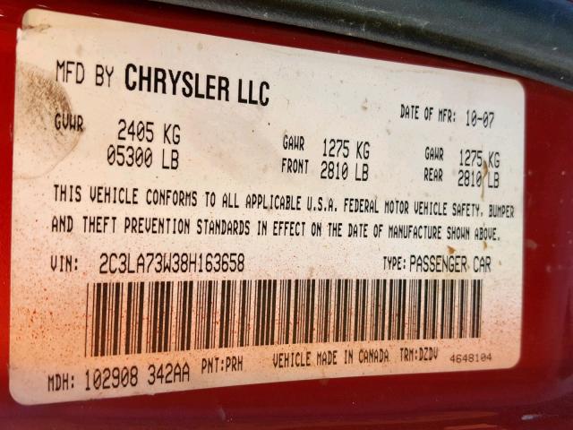 2C3LA73W38H163658 - 2008 CHRYSLER 300C SRT-8 RED photo 10