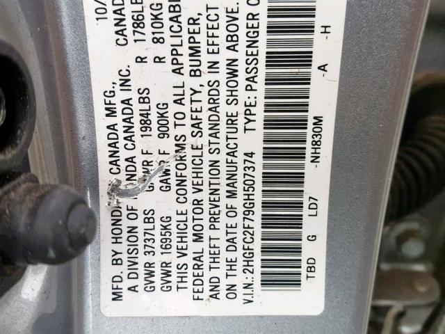 2HGFC2F79GH507374 - 2016 HONDA CIVIC EX SILVER photo 10