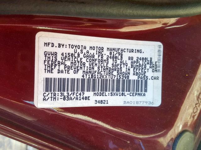 4T1BG12KXTU715398 - 1996 TOYOTA CAMRY DX MAROON photo 10