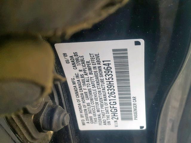 2HGFG12639H539641 - 2009 HONDA CIVIC LX BLACK photo 10