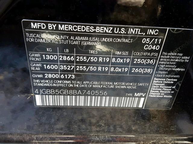 4JGBB5GB8BA740556 - 2011 MERCEDES-BENZ ML 350 BLACK photo 10