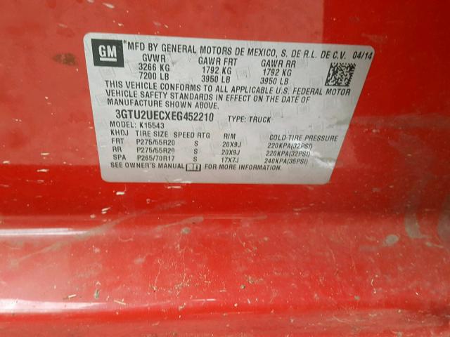 3GTU2UECXEG452210 - 2014 GMC SIERRA K15 RED photo 10