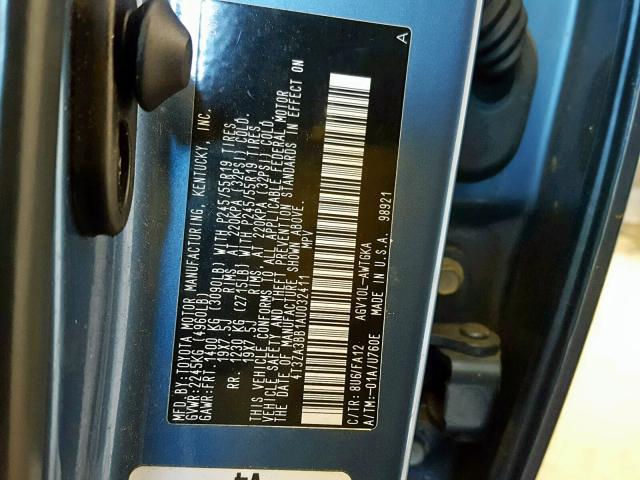 4T3ZA3BB1AU032411 - 2010 TOYOTA VENZA BASE 蓝色 照片 10