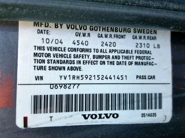 YV1RH592152441451 - 2005 VOLVO S60 2.5T GRAY photo 10