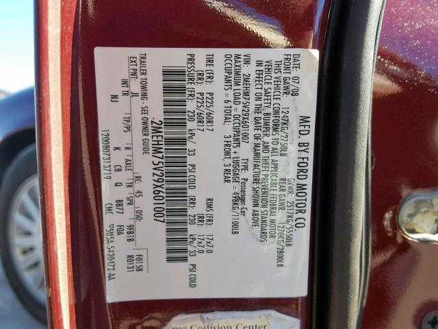 2MEHM75V29X601007 - 2009 MERCURY GRAND MARQ BURGUNDY photo 10