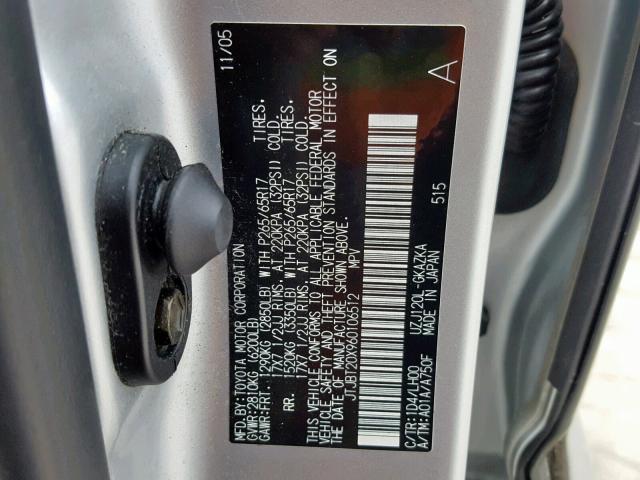 JTJBT20X960106512 - 2006 LEXUS GX 470 SILVER photo 10