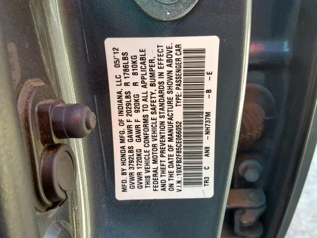 19XFB2F85CE066052 - 2012 HONDA CIVIC EX GRAY photo 10