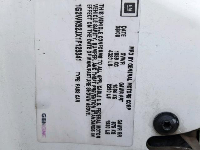 1G2WK52JX1F125341 - 2001 PONTIAC GRAND PRIX WHITE photo 10