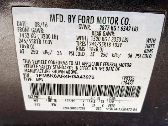 1FM5K8AR4HGA43976 - 2017 FORD EXPLORER P GRAY photo 10