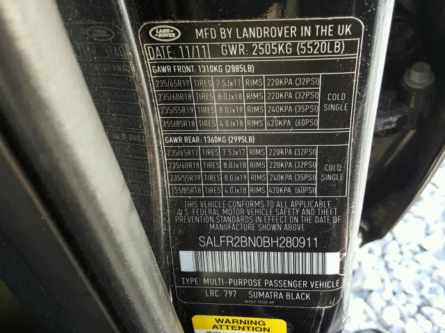 SALFR2BN0BH280911 - 2011 LAND ROVER LR2 HSE BLACK photo 10