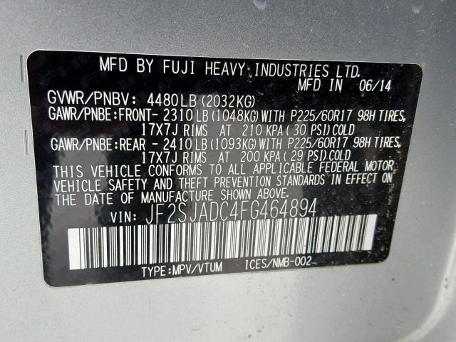 JF2SJADC4FG464894 - 2015 SUBARU FORESTER 2 SILVER photo 10