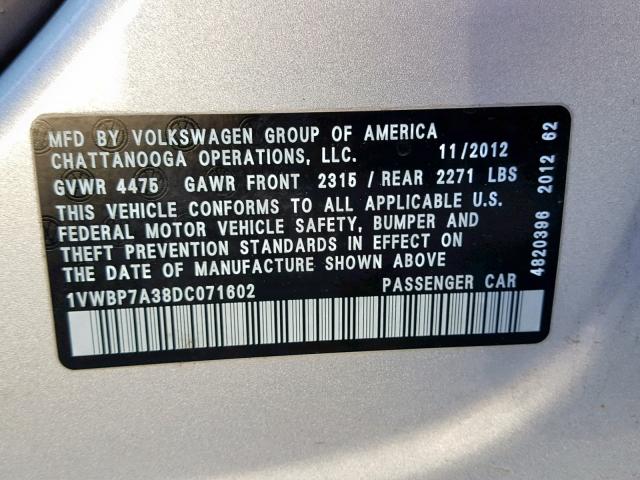 1VWBP7A38DC071602 - 2013 VOLKSWAGEN PASSAT SE SILVER photo 10