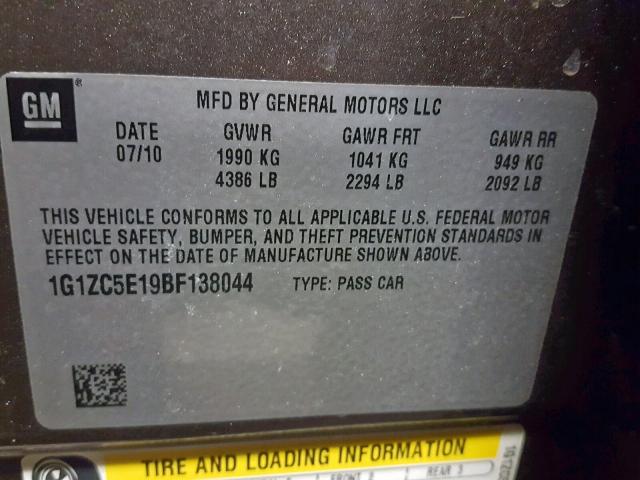 1G1ZC5E19BF138044 - 2011 CHEVROLET MALIBU 1LT BROWN photo 10