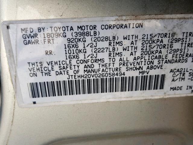 JTEHH20V026058494 - 2002 TOYOTA RAV4 TAN photo 10