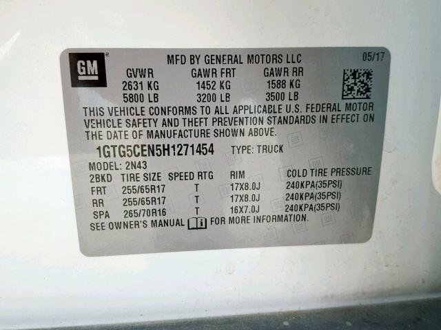 1GTG5CEN5H1271454 - 2017 GMC CANYON SLE WHITE photo 10