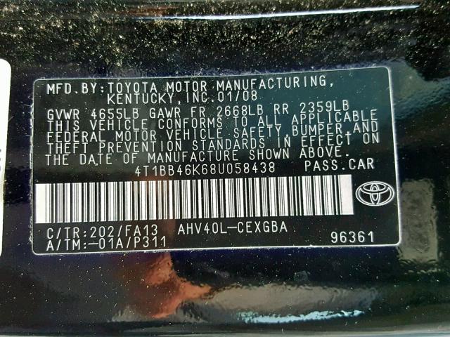 4T1BB46K68U058438 - 2008 TOYOTA CAMRY HYBR BLACK photo 10