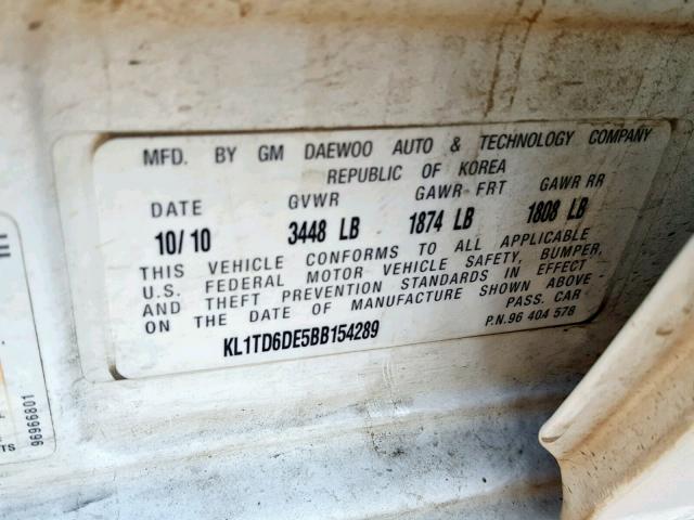 KL1TD6DE5BB154289 - 2011 CHEVROLET AVEO LS WHITE photo 10