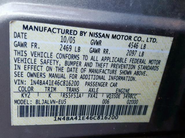 1N4BA41E46C816200 - 2006 NISSAN MAXIMA SE TAN photo 10