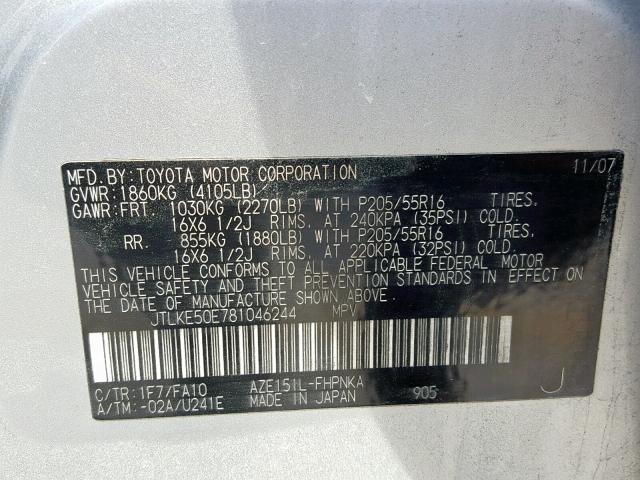 JTLKE50E781046244 - 2008 TOYOTA XB SILVER photo 10