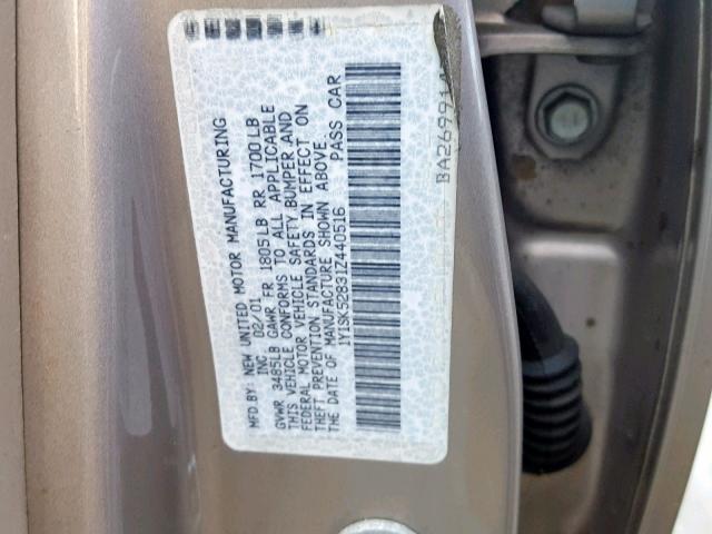 1Y1SK52831Z440516 - 2001 CHEVROLET GEO PRIZM BEIGE photo 10