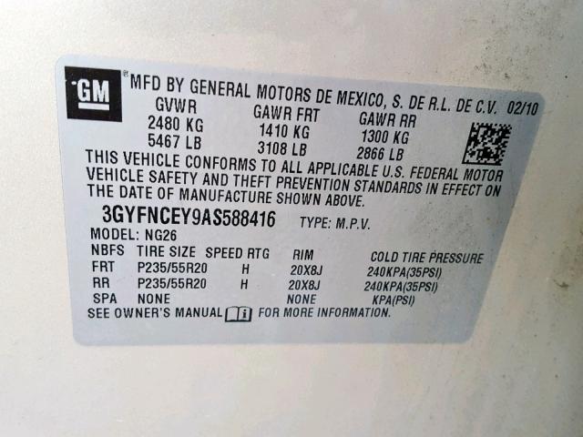 3GYFNCEY9AS588416 - 2010 CADILLAC SRX PREMIU GOLD photo 10