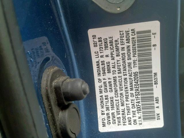 19XFA1F52AE042095 - 2010 HONDA CIVIC LX BLUE photo 10