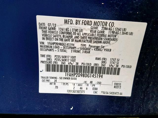 1FAHP2D98DG145194 - 2013 FORD TAURUS SE BLUE photo 10