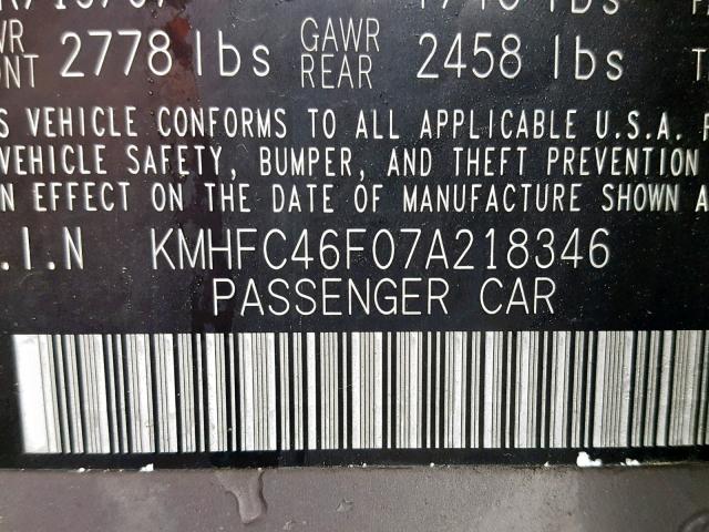 KMHFC46F07A218346 - 2007 HYUNDAI AZERA SE GRAY photo 10