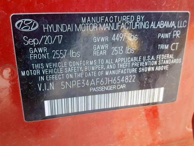 5NPE34AF6JH654822 - 2018 HYUNDAI SONATA SPO RED photo 10