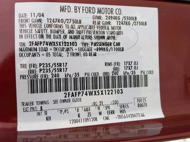 2FAFP74WX5X122103 - 2005 FORD CROWN VICT MAROON photo 10