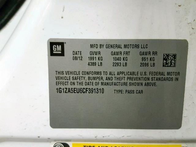 1G1ZA5EU6CF391310 - 2012 CHEVROLET MALIBU LS 白色 照片 10