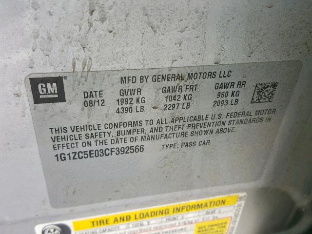 1G1ZC5E03CF392566 - 2012 CHEVROLET MALIBU 1LT SILVER photo 10