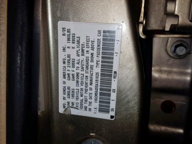 1HGCM56455A181625 - 2005 HONDA ACCORD LX GOLD photo 10